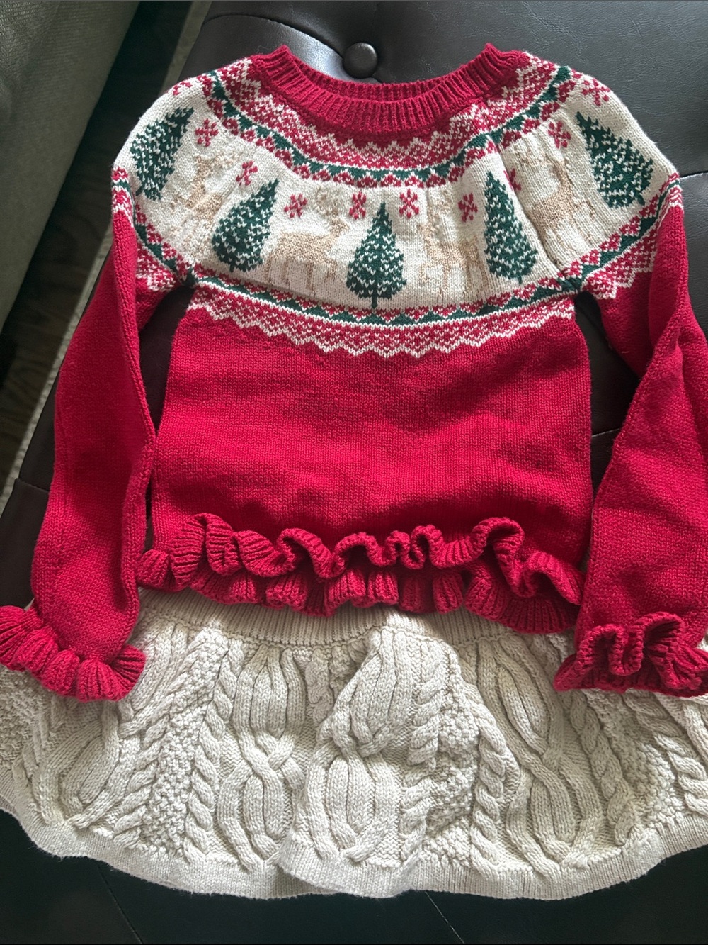 Red Holiday Tree Knit Sweater with Cream Cable skirt